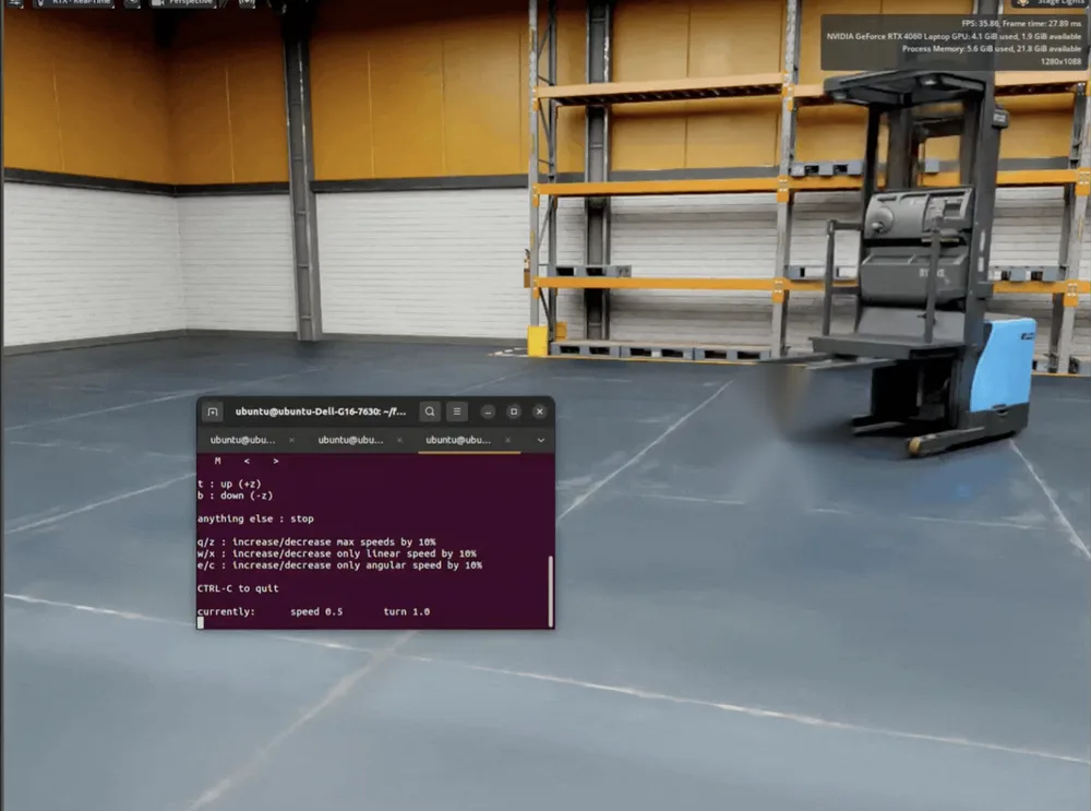 Simulated autonomous forklift in an Isaac Sim warehouse with a ROS teleop terminal
