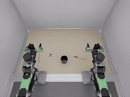 Top camera view: driven by SmolVLA served from the Jetson Thor, the left arm puts one pen in the cup, the right arm adds the other pen, then the left arm drops in the eraser