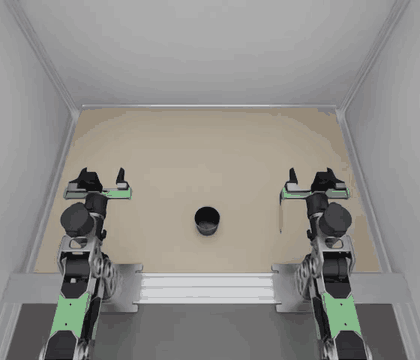 Top camera view: the left arm puts the red pen in the cup, then the right arm puts the blue pen and the eraser in, replayed from the recording through the inference server