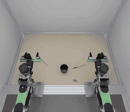 Top camera view: driven by SmolVLA through the inference server, the left arm leaves home and reaches across the table toward the red pen while the right arm waits
